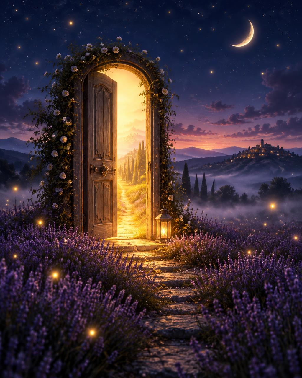 A magical open doorway glowing with warm light in a lavender field under a crescent moon