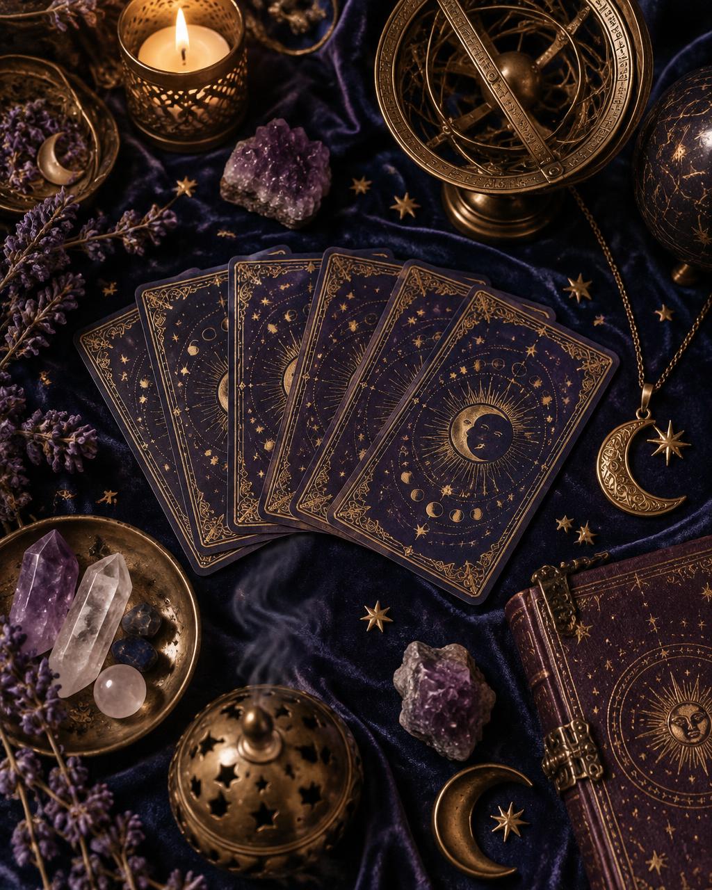 Tarot cards with gold celestial designs, crystals and a brass astrolabe on midnight blue velvet