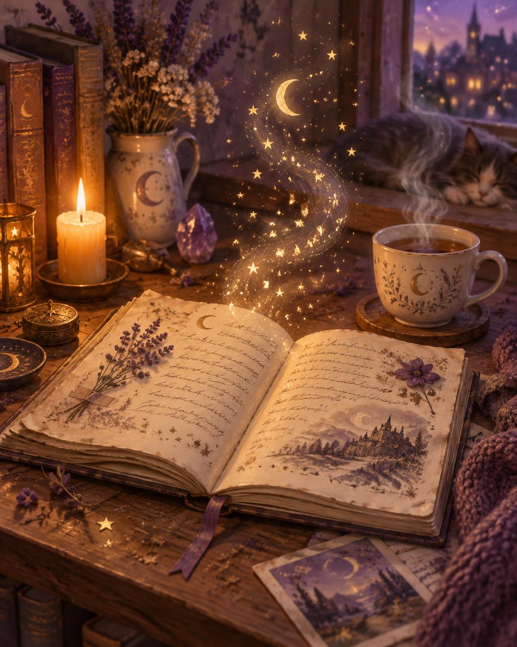 An open journal with golden stars and moonlight rising from its pages beside a cup of tea
